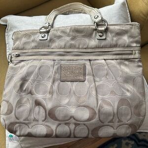 Coach Poppy Signature Gray Canvas Leather Trim Zipper Satchel Bag